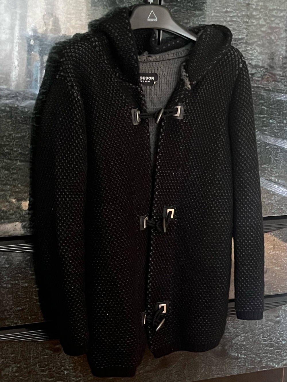 Black Wool Blend Hooded Toggle Knit Pea Coat